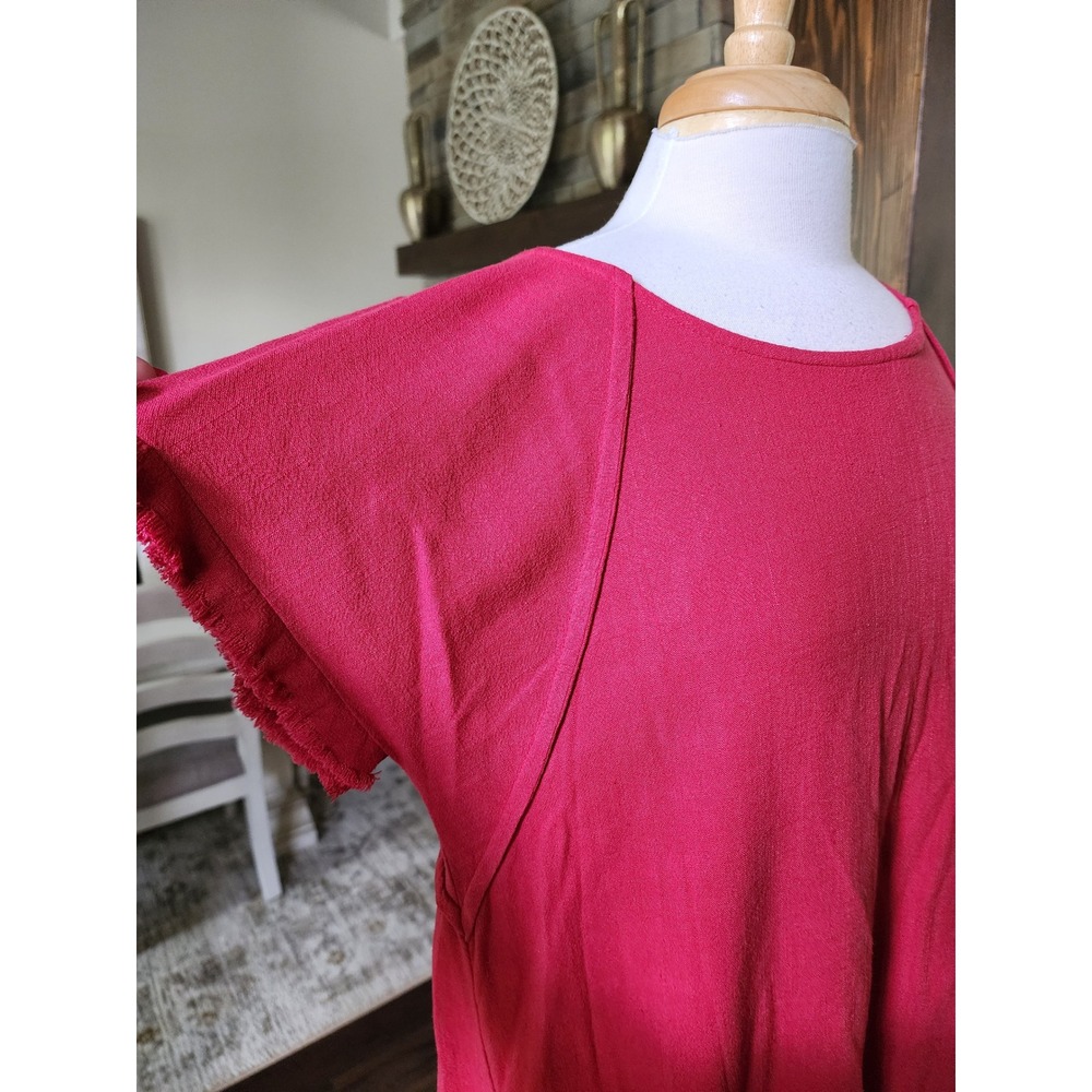 Umgee Red‎ Linen Blend Frayed Hem High Low Midi Shift Dress Oversized Small - Picture 4 of 9